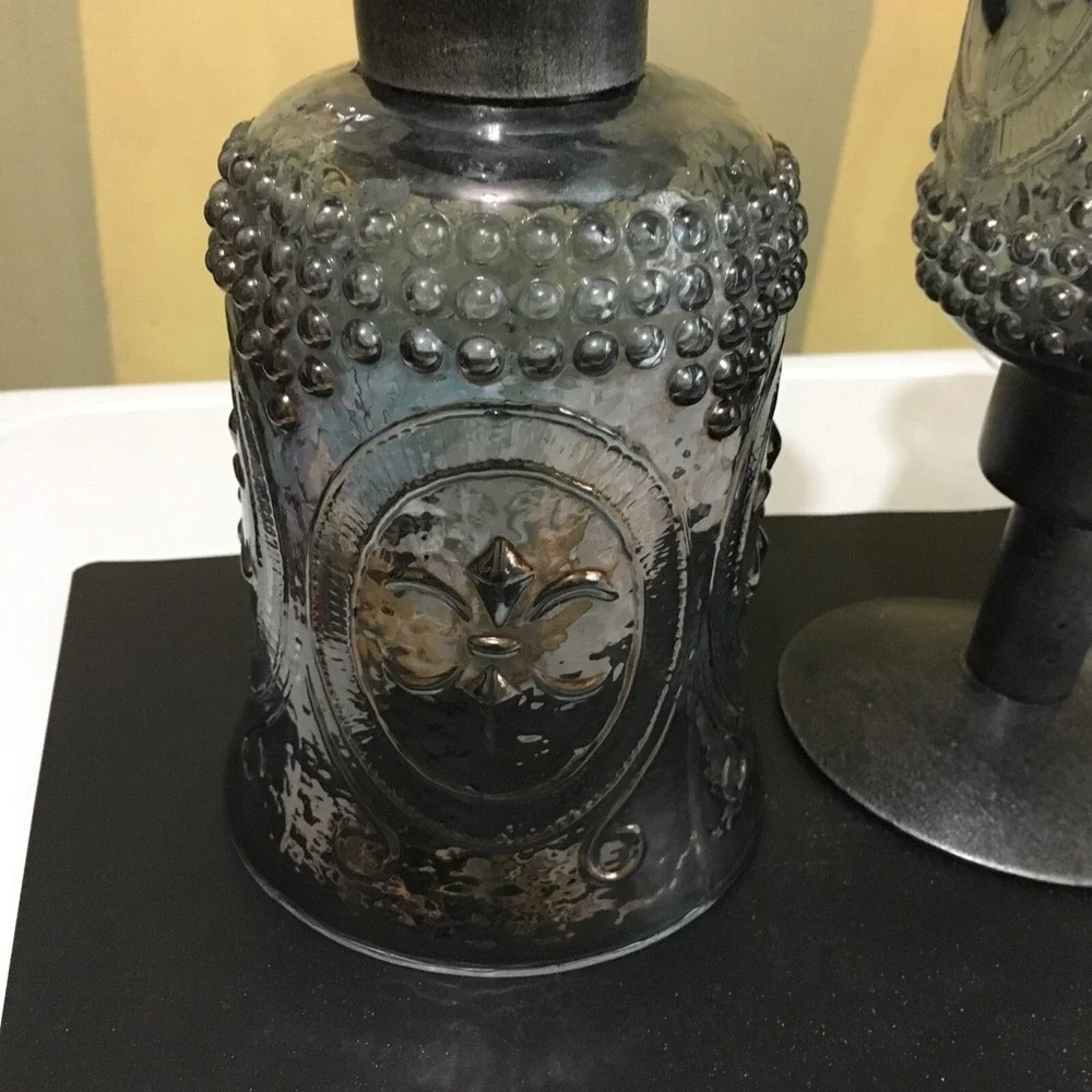 Vtg  Fleur De Lis Metal and Smokey Blue Iridescent Glass GothicCandle Holders